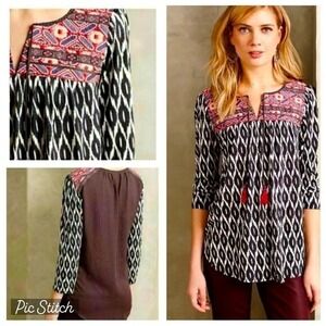 Anthropologie One‎ September PALAMBA Embroidered Mixed Print Tunic Top Sz Small